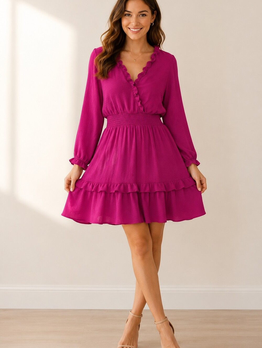 Emma & Michele Ruffled V-Neck Long-Sleeve Dress in Fuchsia Size Large